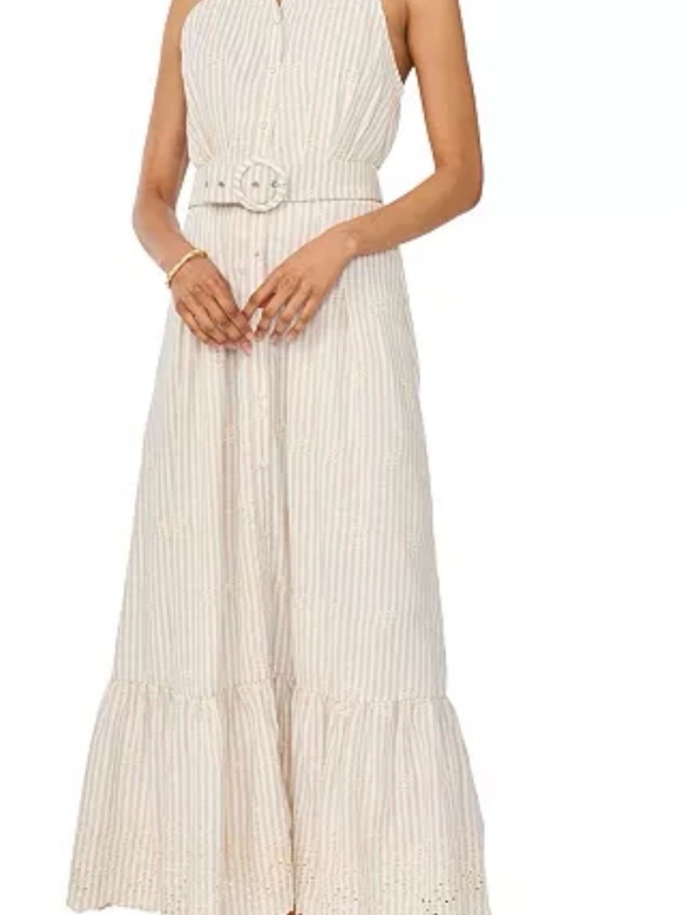 Vince Camuto Cream and White Striped Sleeveless Belted Maxi Dress